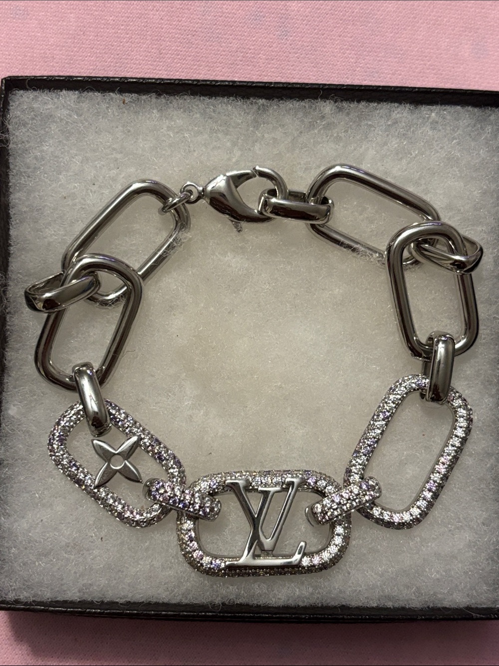 LV Silver-Tone LV Diamond Link Bracelet